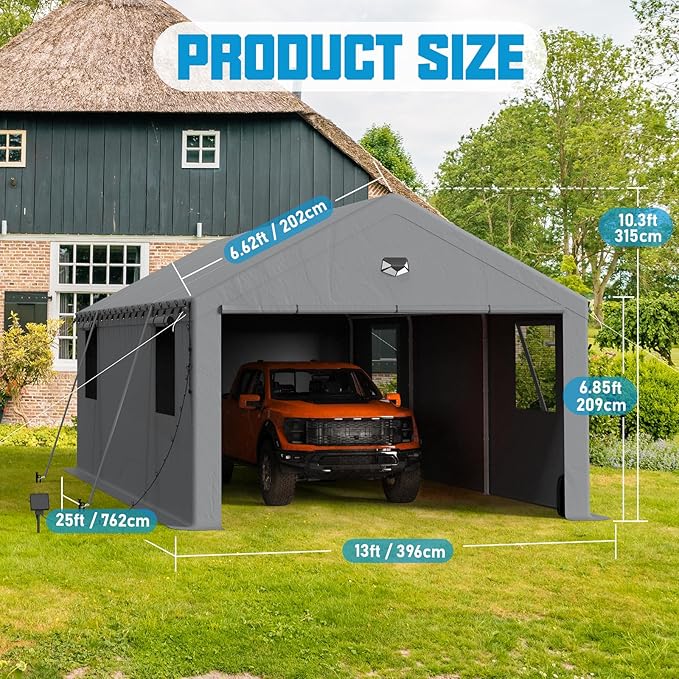 Carports Canopy 13x20 Heavy Duty, Portable Car Port Garage with Roll Up Drive Through Doors, Grey