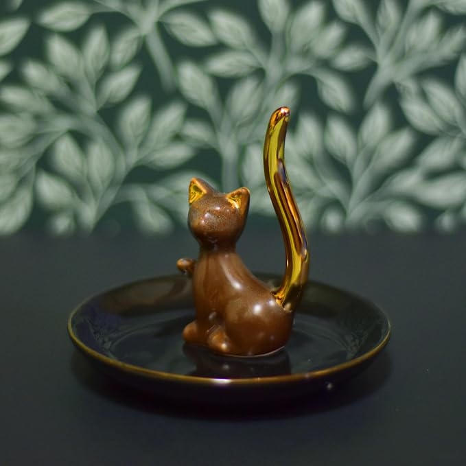 Brown Glazed Plated Gold Ceramic Elegant Engagement Wedding Cat Ring Trinket Dish
