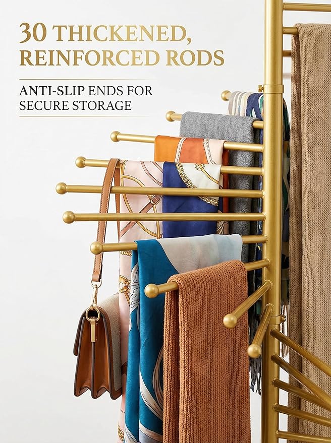 Multi-functional spiral organizer, free-standing design with 30 rods. Ideal for storing multiple scarves, hijabs, and clothes while saving space (42x170cm/17x67in). (gold)