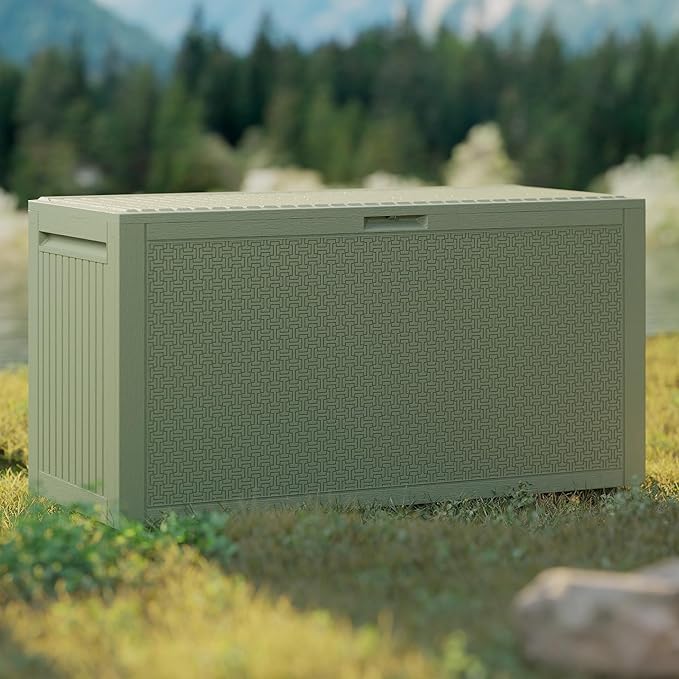 EHHLY 90 Gallon Outdoor Storage Box, Lockable Outside Storage Box Waterproof, Patio Cushions Deck Storage Boxes, Rattan Plastic Garden Hose Containers Resin Pool Storage Bins with lids, Sage Green