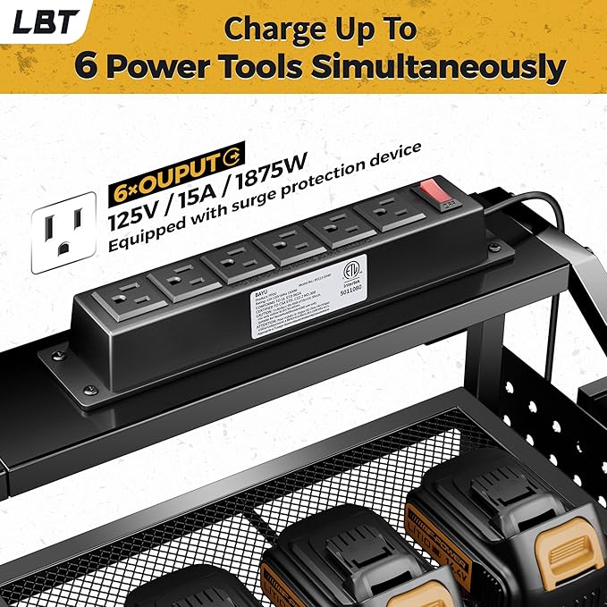 LBT Large Power Tool Organizer Wall Mount with Charging Station, 8 Drill Holder, 4 Layer Heavy Duty Metal Tool Storage Rack, 6 Power Strip, 8 Hooks, 2 Screw Boxes, Cool Gifts for Him Fathers Day