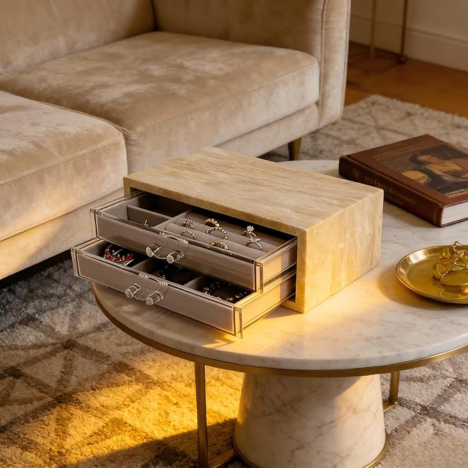 Natural Travertine Jewelry Box with 2 or 3 Drawer Organizers, Velvet Lined Storage for Rings and Necklaces (Small-2)