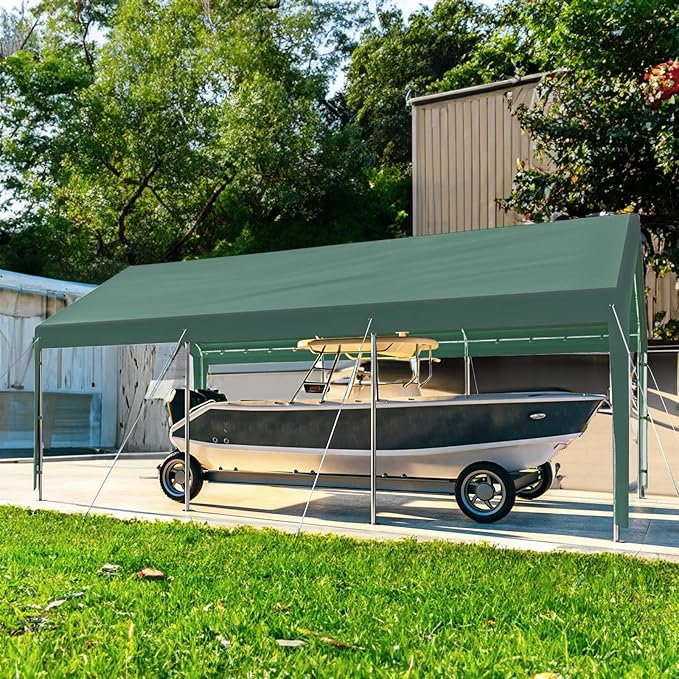 Carport 10x20 Ft Heavy Duty Canopy Steel Canopy Storage Shed,Portable Party Tent,Portable Garage with Removable Sidewalls & Doors All-Season Tarp for Carport Floor Fixing (Green)