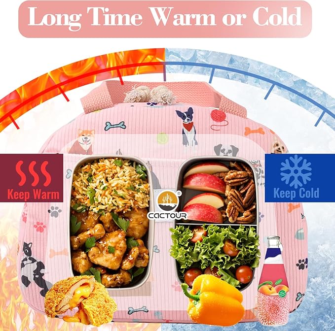 CaCTPUR Lunch Box for Women Girls Teens,Cute Lunch Box Cooler Bag, Portable Insulated Small Lunch Bag Women Reusable Corduroy Lunch Tote for Work/Travel/Picnic/School (Dog Pink,Small)