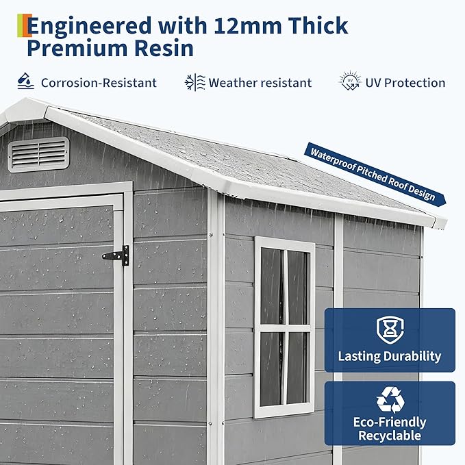 4x6 FT Outdoor Storage Shed with Floor, Plastic Resin Garden Shed with Window & Sloping Roof & Lockable Door for Patio Backyard Garden, Lawn Mower, Bike, Tool Storage
