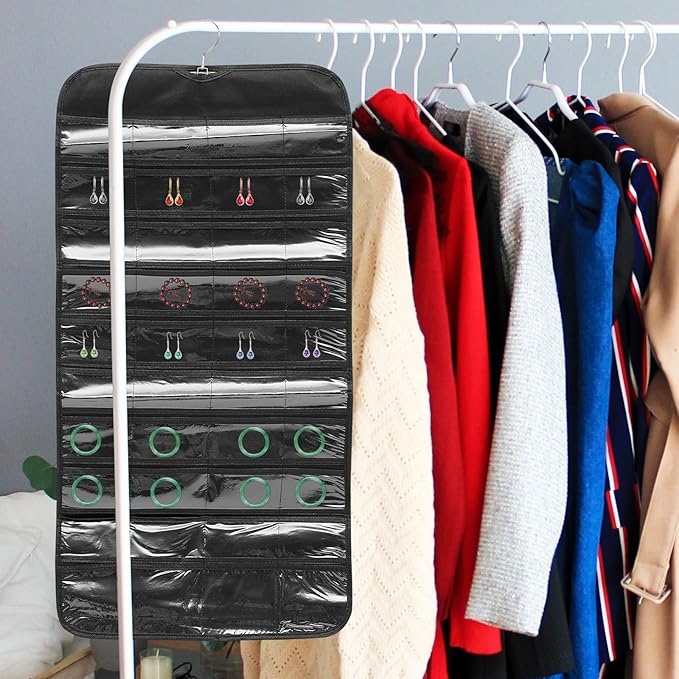 Garneck Hanging Jewelry Organizer Bag Double-sided 80-compartment Jewelry Storage Holder Black Dustproof Wardrobe Accessory Organizer for Necklace Earring Display