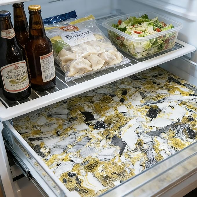 Drawer and Shelf Liner - Yellow Black Marble Pattern,Non Adhesive Non Slip Waterproof Easy-Clean Liner for Kitchen Cabinet, Refrigerator, Bathroom, Pantry Storage Drawers, 17 in x 20 Ft