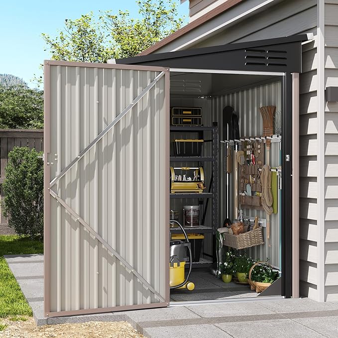 Aoxun 6' x 4' Lean to Shed Outdoor Steel Garden Utility Cabinet with Lockable Door Waterproof & Rust-Proof for Yard, Patio, Backyard (Brown, Base Included)