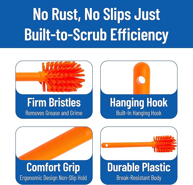 SPARTA Large Water Bottle Brush Ideal for Wide-Mouth Jars, Bottles and Tumblers, Dishwashing Tool with Handle for Home and Commercial Kitchens, Plastic, 12 Inches, Orange, (Pack of 6)