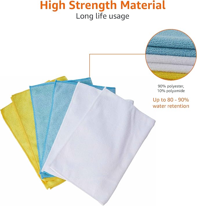 Amazon Basics Microfiber Cleaning Cloths,Ultra Absorbent,Scratch-Free,Highly Absorbent,Non-Abrasive,Reusable and Washable,16" x 12",Blue/White/Yellow,(Pack of 288)
