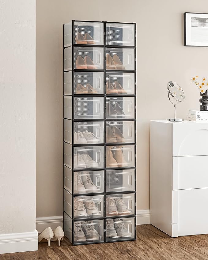 SONGMICS Shoe Boxes, Pack of 18 Shoe Storage Organizers, Stackable Clear Plastic Boxes for Closet, Sneakers, 13.7 x 9.9 x 7.4 Inches, Transparent and Black ULSP007B18