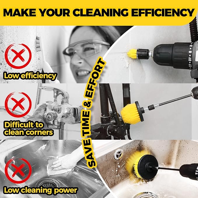 Holikme 5Pack Drill Brush Attachment Set，Power Scrubber Brush Extended Long Attachment for Bathroom Surfaces, Grout, Floors, bathtubs, Showers, Tiles, Kitchens and Cars，Yellow