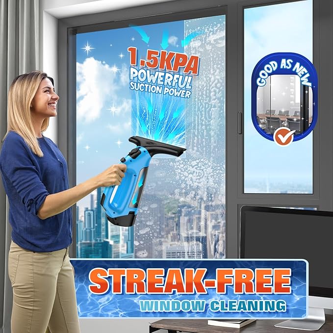 3 in 1 Rechargeable Window Vacuum Squeegee Cordless with 10 Inch Blade, Window Cleaner & Window Cleaning Tool for Spraying, Wiping and Vacuuming Glass, Mirrors, Shower Doors, Tiles and Countertops