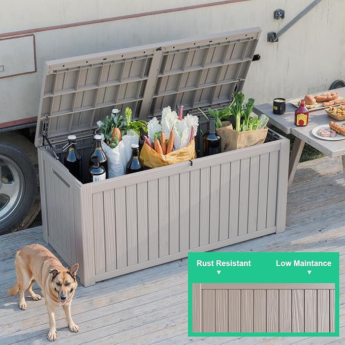200 Gallon Outdoor Deck Box,Waterproof Resin Outdoor Storage Boxes, Outside Storage Lockable Container for Garden Tools,Indooor Cushions,Accessories (Grey)