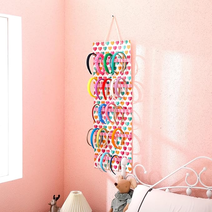 Tudomro Hanging Headband Holder for Girls Felt Hair Accessories Organizer with 60 Elastic Bands Bow Hanger for Girls Hair Bows Without Headbands(Plain Style,Colorful)