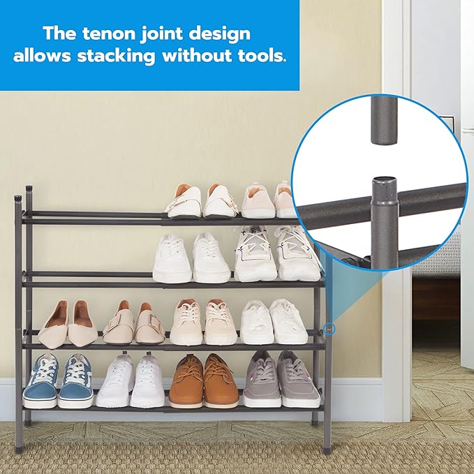 STORAGE MANIAC Expandable Shoe Rack, 16 Pairs Stackable Small Shoe Rack, Metal Adjustable Shoes Organizer for Closet, Entryway, Hallway, Garage, Front Door, Shoes Shelves, Black 4 Tier