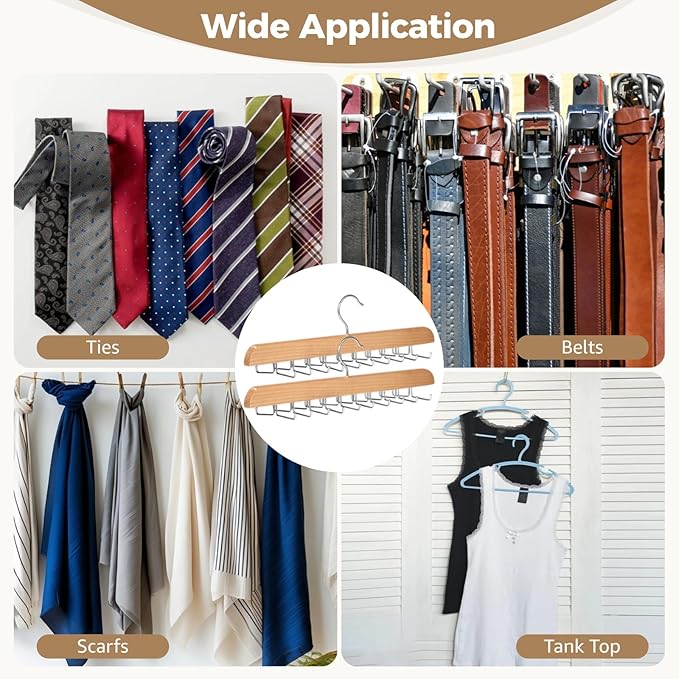 Tie Holders for Closet 2 Pcs, Tie Rack Hanger Hooks, Natural Wood Finish, 20 Rotating Hooks Each, Multi-Functional Storage for Ties Belts Scarves