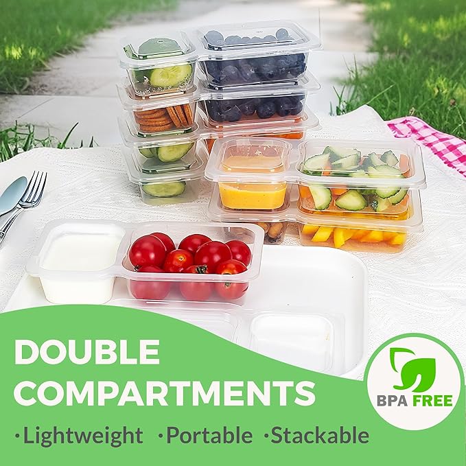 MACTANO Reusable Snack Containers with Lids, 9 oz Double Compartment Plastic Snack Pack Containers Portion Control Meal Prep Snack Boxes BPA Free 20 Sets for Work Travel School