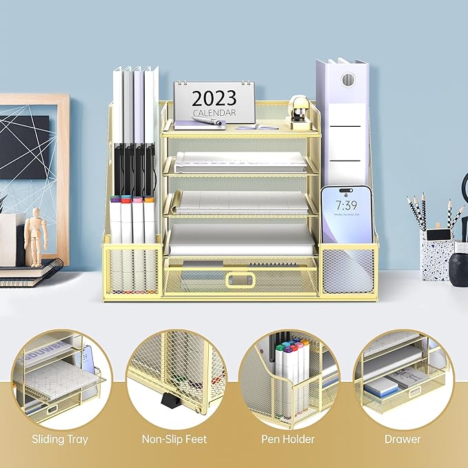 SUPEASY Mesh Desk Organizer with File Holder, 5-Tier Paper Letter Tray Organizer with Magazine Holder, Desktop Organizer and Storage with Drawer for Office Supplies Home or School (Golden)