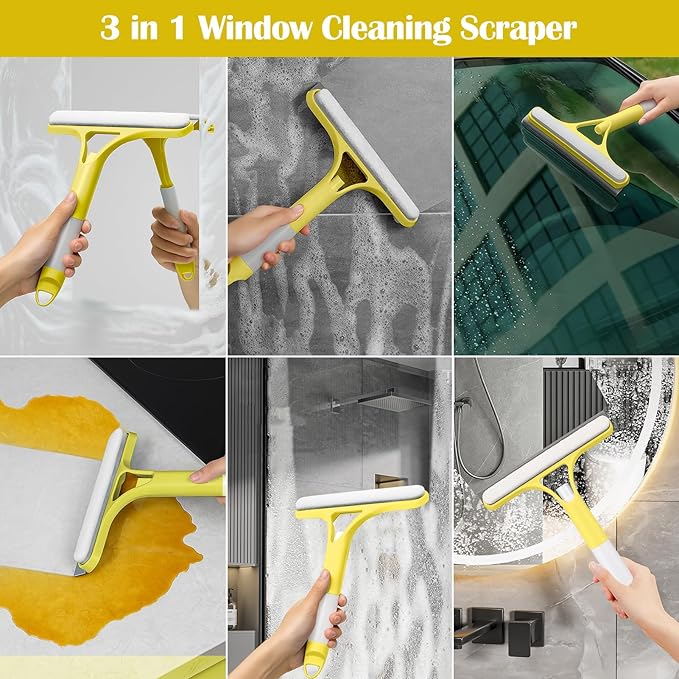 XANGNIER Window Cleaner Tool Kit,2025 3 in 1 Window Cleaning Scraper with Spray,Thickened Magic Cleaning Cloth,Window Scrubber Cleaning Squeegee for Glass,Mirror,Shower Doors,Car Windshields(Yellow)