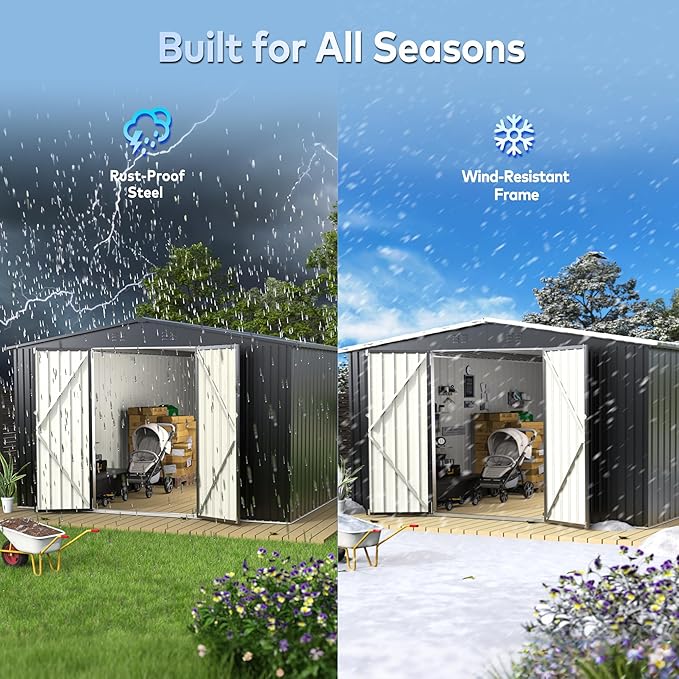 14 x 12FT Outdoor Storage Shed, Metal Waterproof Storage Shed Steel Utility Garden Tool Shed with Door & Lock Outdoor Storage,All-Weather Shelter for Bike, Gardening Tools, Lawn Mowers