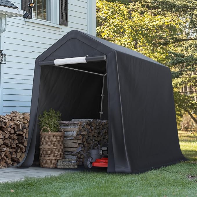 ADVANCE OUTDOOR 6x6 ft Storage Shelter Outdoor Portable Shed with 2 Roll up Zipper Doors & Vents Carport for Motorcycle Waterproof and UV Resistant Portable Garage Kit Tent, Gray