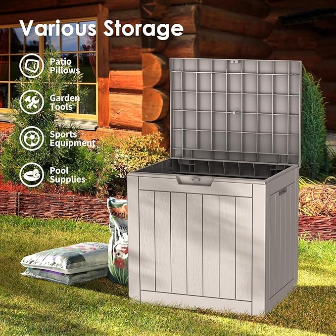 Outdoor Storage Box, 35 Gallon Resin Deck Box Waterproof for Patio, Poolside and Garden, Lockable UV-Resistant Storage Bin Bench Cabinet for Small Spaces, Grey