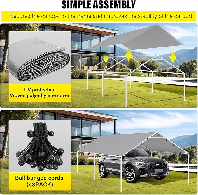 DWALE 10 x 20 Ft Carport,Replacement Canopy Cover Garage Top Tent Shelter Tarp,Grey with 48 Ball Bungee Cords Waterproof & UV Protected (Only Tarp Cover, Frame Not Include)