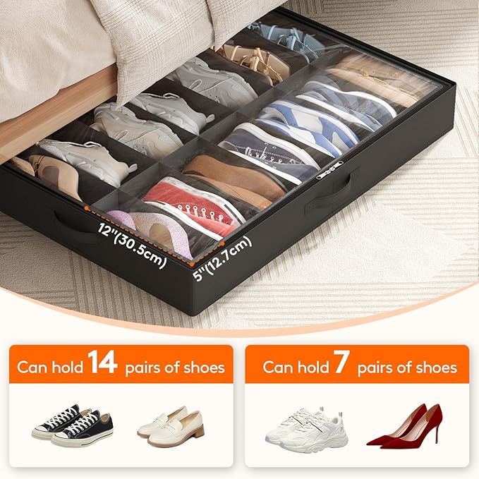 Lifewit Under Bed Shoe Storage Organizer 3 Pack(14 Pairs), 4.3" Tall Fabric Shoes Container Box, Foldable Closet Shoe Bag with 2 Reinforced Handles and Clear Cover, Black