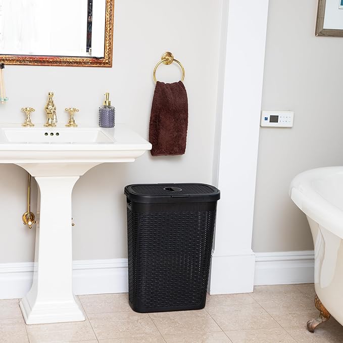 Mind Reader Slim Laundry Hamper with Lid, 40L Clothes Basket, Premium Wicker Design, Plastic, Set of 2, Black