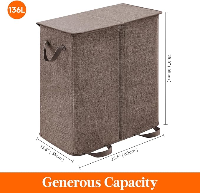 Lifewit Double Laundry Hamper with Lid and Removable Laundry Bags, Large Collapsible 2 Dividers Dirty Clothes Basket with Handles for Bedroom Laundry Room Closet Bathroom College, 136L Brown