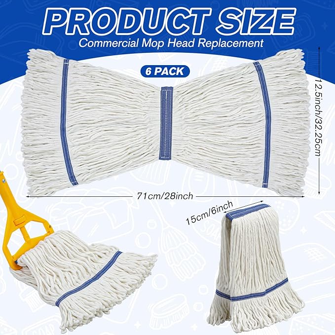 Eccliy 6 Pack Heavy Loop End Cotton String Mop Head Heavy Duty Mop Head Commercial Refills Replacement Bulk for Home Industrial Commercial Floor Cleaning (White,Blue)
