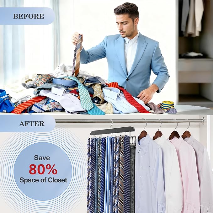 Tie Rack Hanger for Closet 20 Foldable Hooks, 1 Pack Wooden Non Slip Large Capacity Space Saving Tie and Belt Organizer with 360°Rotating Hooks for Tank Tops Bras Scarves Hat