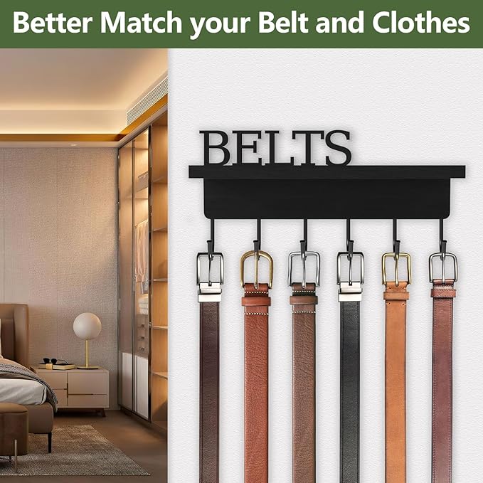 Belt Hanger Organizer for Closet, Wall Mount Belt Rack, Wooden Belt and Tie Organizer for Stores and Displays Mens Accessories (Length 9.8”) Black-Belts