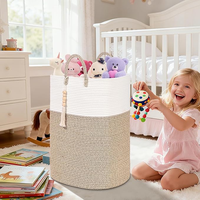 Woven Laundry Basket for Clothes, 80L Large Rectangle Laundry Hampers with Beads Tassel, Nursery Storage Basket for Toys, Tall Dirty Clothes Hamper for Bedroom Aesthetic, Laundry Room Organization