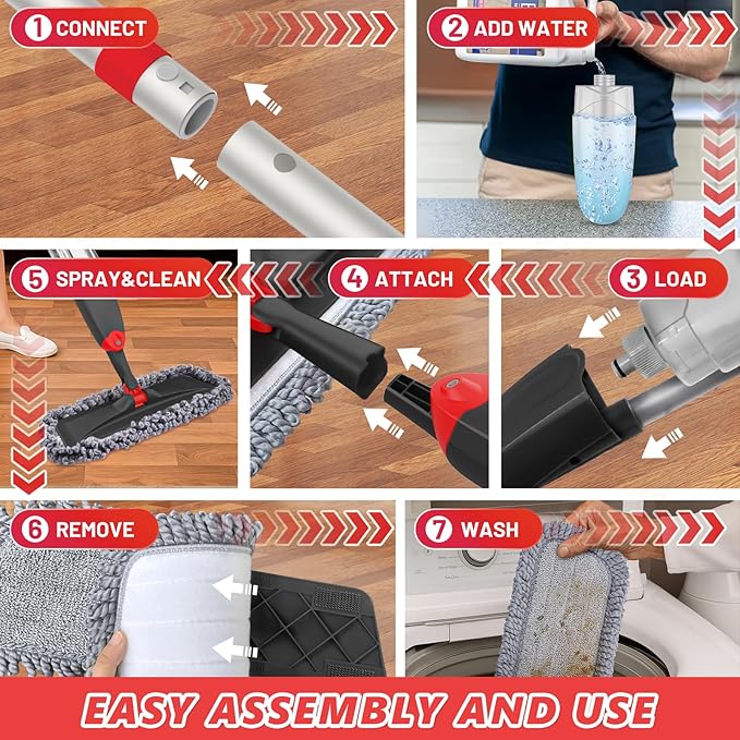 HOMTOYOU Microfiber Hardwood Floor Mop: Dust Spray Mops for Cleaning Wood Home Kitchen Floors - Wet Mopping & Dry Sweeping - 3 Reusable Refills & 1Pcs 400+ML Refillable Bottle