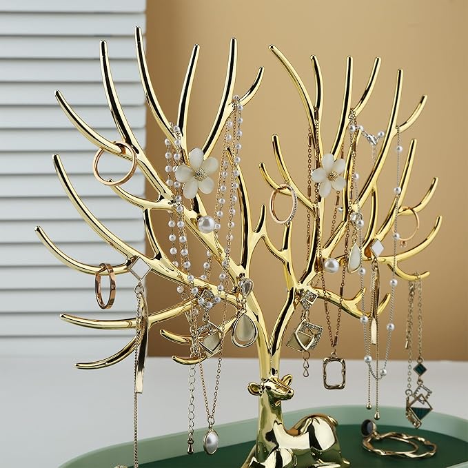 MORE&LESS Antlers Jewelry Display Stand,Gold Deer Hanging Organizer for Ring Earrings Necklace Bracelet