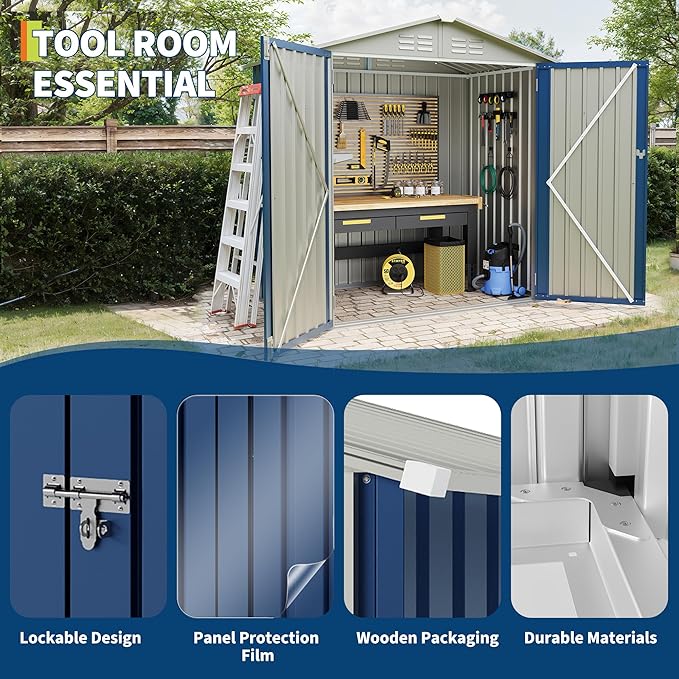 6x4 FT Outdoor Storage Shed, Garden Tool Storage Shed with Sloping Roof and Double Lockable Door, Outdoor Sheds with Panel Protection for Backyard Garden Patio Lawn,Navy Blue