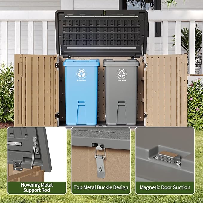 Aoxun Outdoor Storage Cabinet 35 Cu.Ft 2 Shelves, Outdoor Trash Can Storage Shed Waterproof Horizontal Storage Shed Outdoor Storage for Garbage Bin, Generator, and Lawn Mower (Brown)