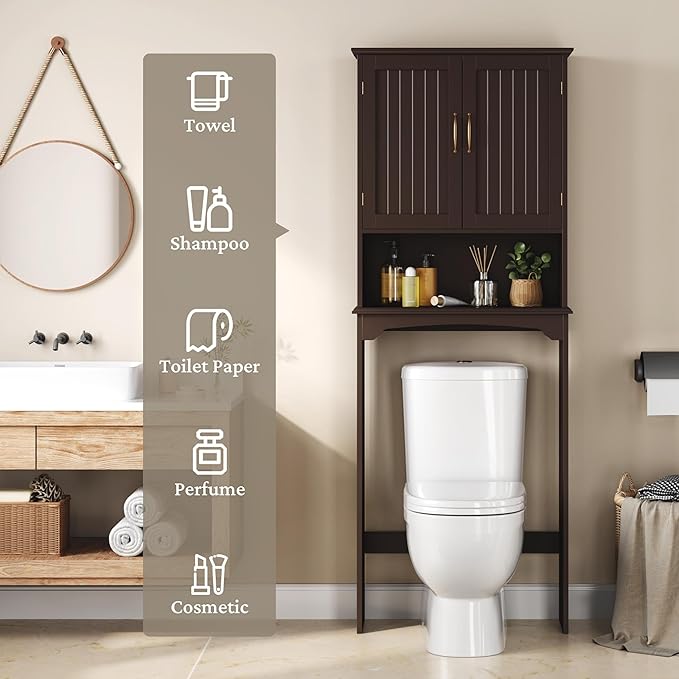 Yaheetech Over The Toilet Storage with 2 Doors & Adjustable Shelf, Free Standing Toilet Rack Wooden Space-saving Collect Cabinet, Bathroom Furniture, 9Dx24.5Wx66H Inches, Espresso