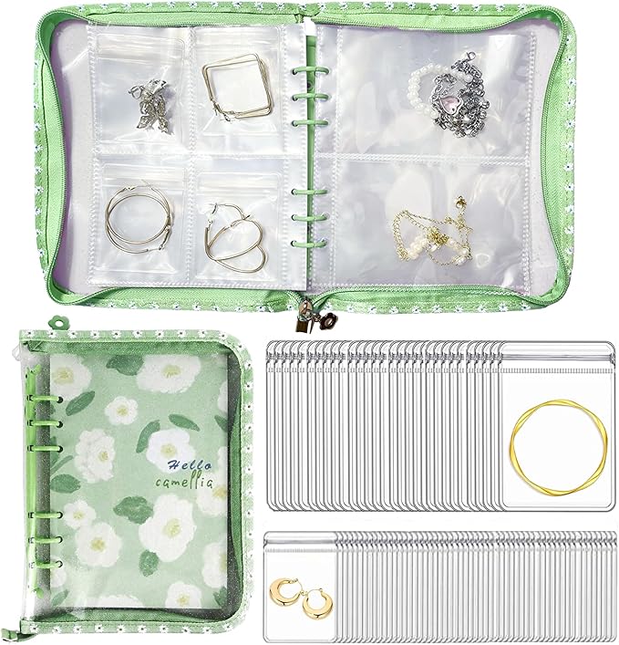 Jewelry Organizer Travel,Jewelry Storage Book with 45 Portable thick PVC pouches,Jewelry Organizer Zipper Bags for Necklaces Bracelet Rings and Earrings (front cover removable),Green