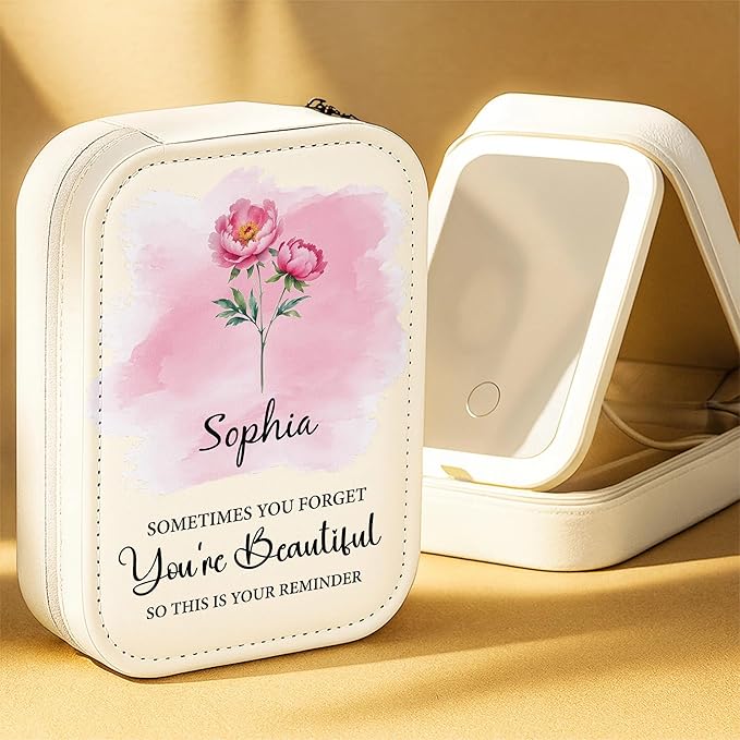 Sometimes You Forget You're Beautiful, Flower Reminder, Jewelry Box With LED Mirror, Gift For Daughter And Wife, Inspirational Gifts for Women, Personalized Birth Month Flower Travel Jewelry Organizer