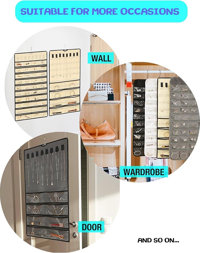 ONEPEACE Hanging Jewelry Organizer: Necklace & Earring Holder with Pockets for Closet, Wall or Door (Black)