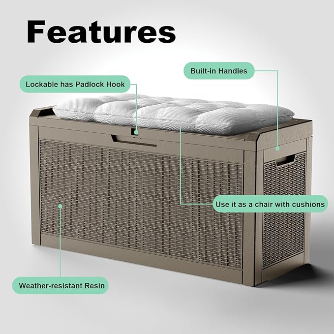 60 Gallon Waterproof Resin Deck Box, UV Resistant Outdoor Storage for Garden, Patio, Porch, Delivery（Gray，60 Gallon）