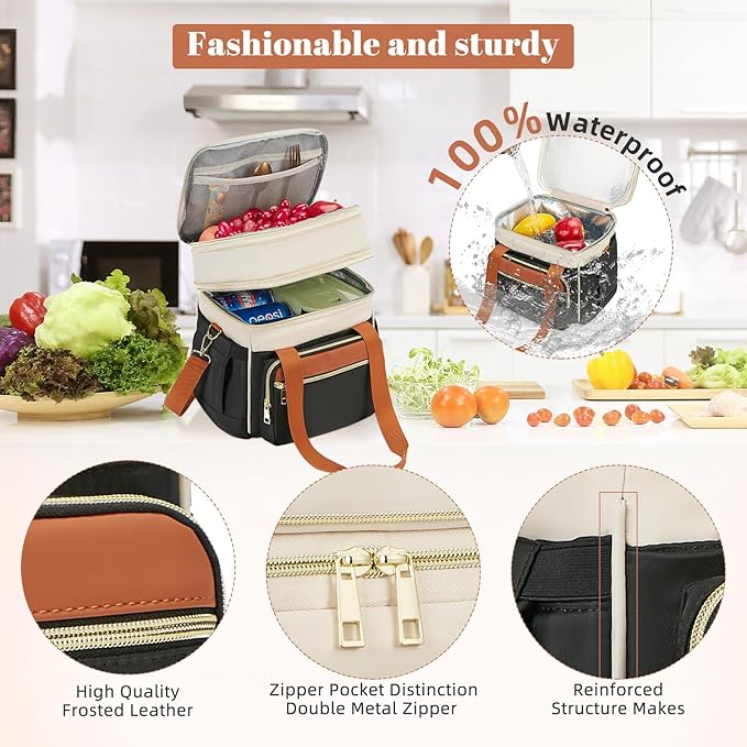 Insulated Lunch Bag & Lunch Box for Women - Double Deck Reusable Lunch Bag for men Tote Cooler Bag Leakproof Soft Expandable - Large Lunchbox for Work/Adult/Picnic/Outdoor (Coffee Black，15L)