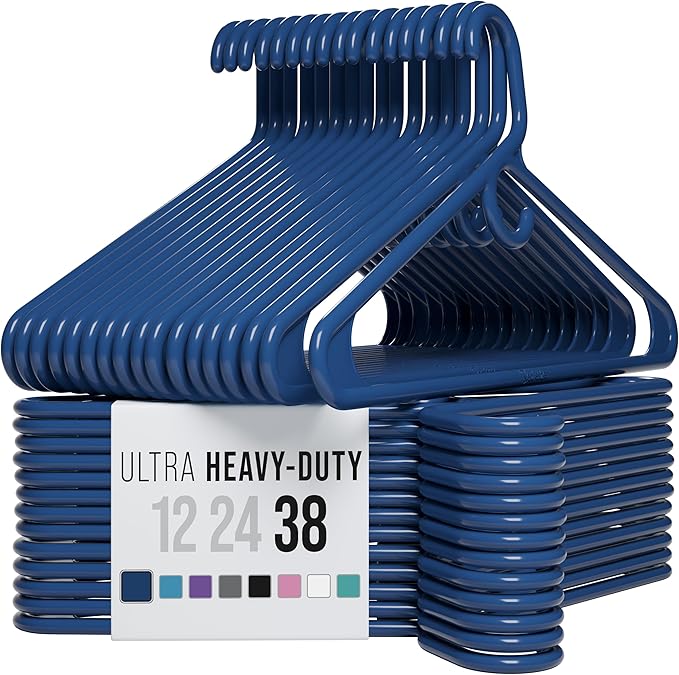 NEATERIZE Ultra Heavy Duty Plastic Clothes Hangers - Navy - Durable Coat, Suit and Clothes Hanger. Perchas De Ropa (38 Pack - Navy)