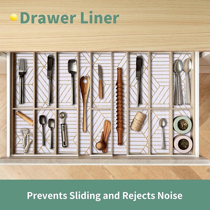 Shelf Liners for Kitchen Cabinets 23.6in x 49.21FT, Non Adhesive Cabinet Liner Strong Non-Slip Thickened Gold Geometric Drawer Liner, Easy to Clean for Shelf, Cabinet with Knife and Tape Measure