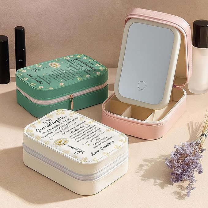 To My Granddaughter, Once Upon A Time, Custom Jewelry Box, Gift For Granddaughters, Personalized Birth Month Flower Travel Jewelry Organizer Gift for Daughters Sisters on Birthday Christmas Graduation
