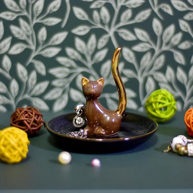 Brown Glazed Plated Gold Ceramic Elegant Engagement Wedding Cat Ring Trinket Dish