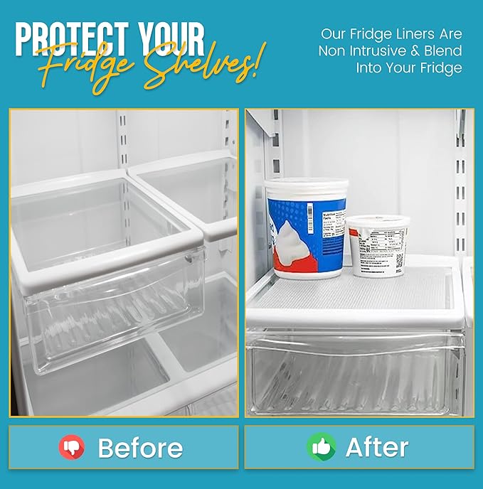 Refrigerator Liners for Shelves (12 Pack) by Linda’s Essentials - Non-Adhesive Shelf or Drawer Liner, BPA-Free Fridge Mats for Kitchen & Cabinets, Easy to Clean, Ideal Household Essentials (Clear)